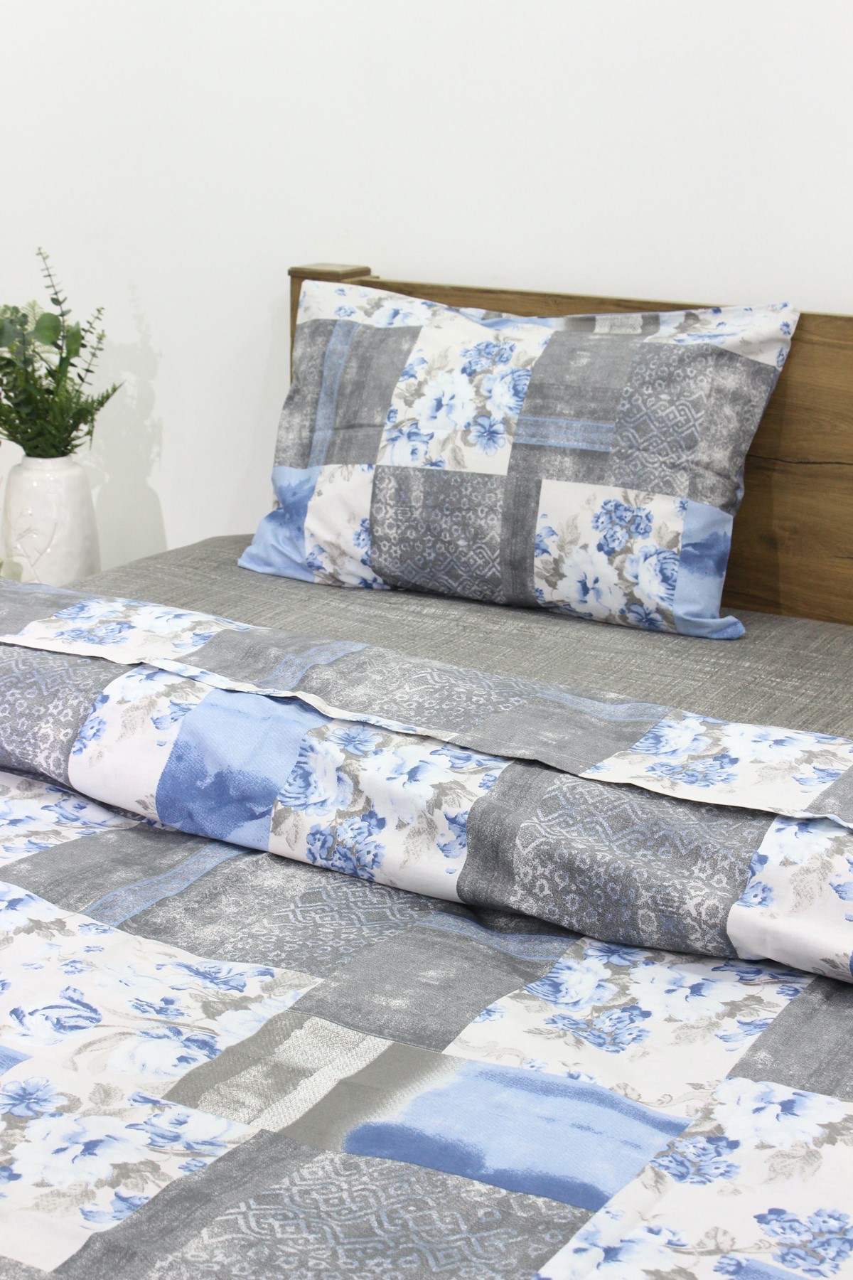 Mavi Gri Patchwork Tek Kişilik Nevresim Takımı